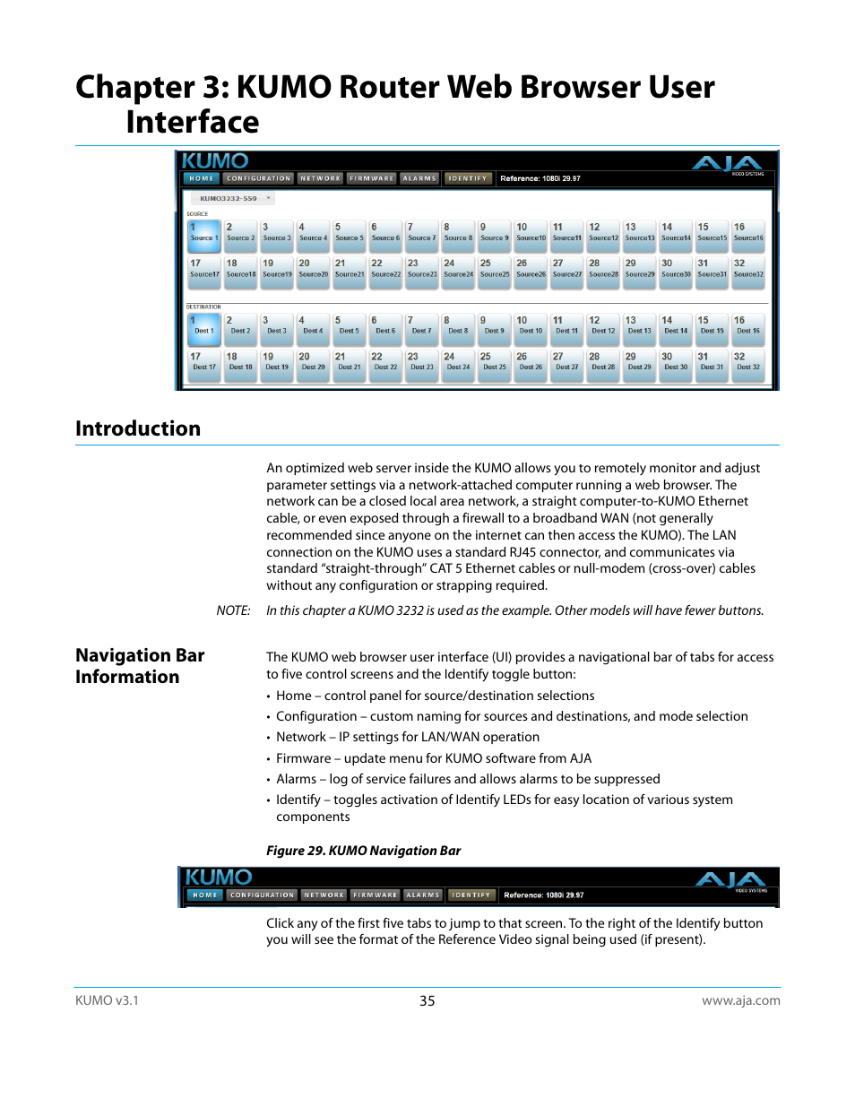Introduction, Navigation bar information, Chapter 3: kumo router web browser user interface | AJA KUMO CP User Manual | Page 35 / 66
