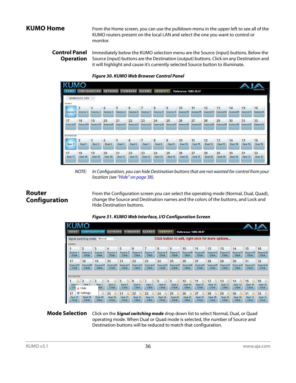 Kumo home, Control panel operation, Router configuration | Mode selection | AJA KUMO CP User Manual | Page 36 / 66