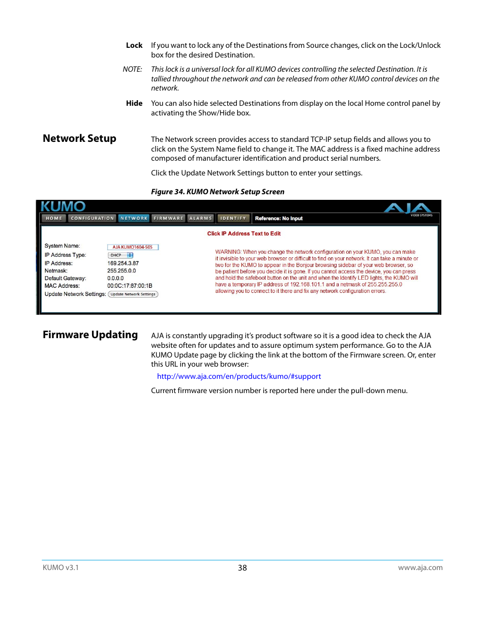 Network setup, Firmware updating, Network setup firmware updating | AJA KUMO CP User Manual | Page 38 / 66