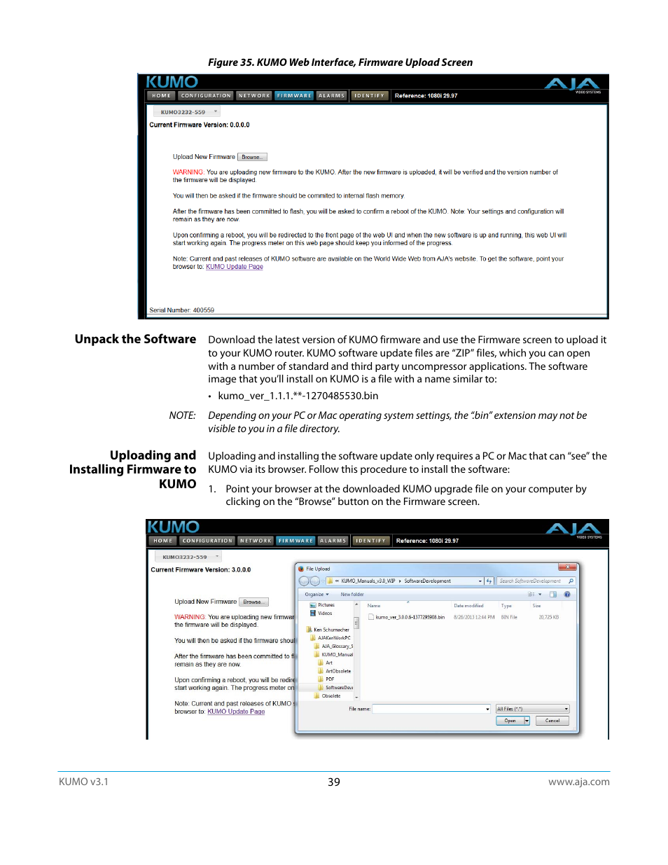 Unpack the software, Uploading and installing firmware to kumo | AJA KUMO CP User Manual | Page 39 / 66