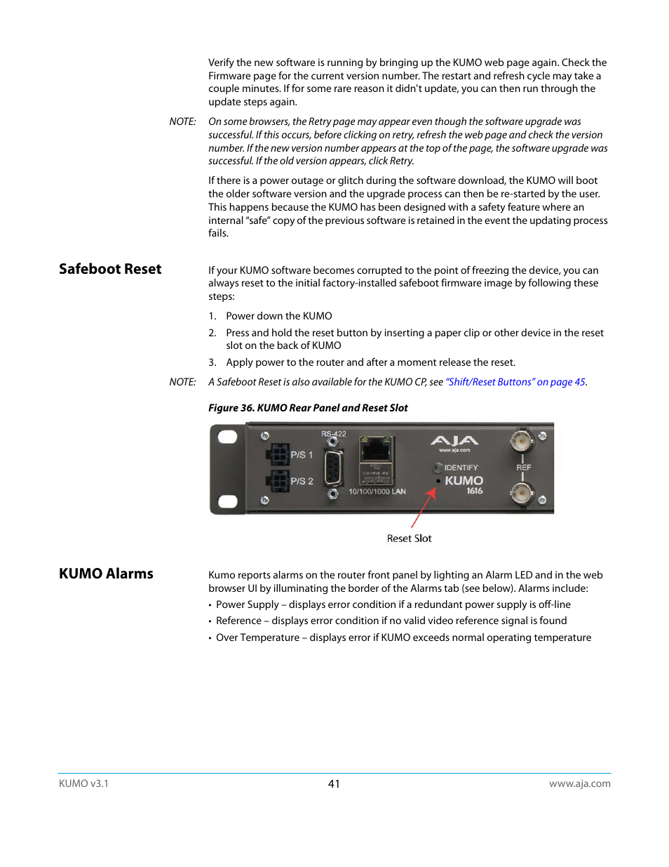 Safeboot reset, Kumo alarms, Safeboot reset kumo alarms | AJA KUMO CP User Manual | Page 41 / 66