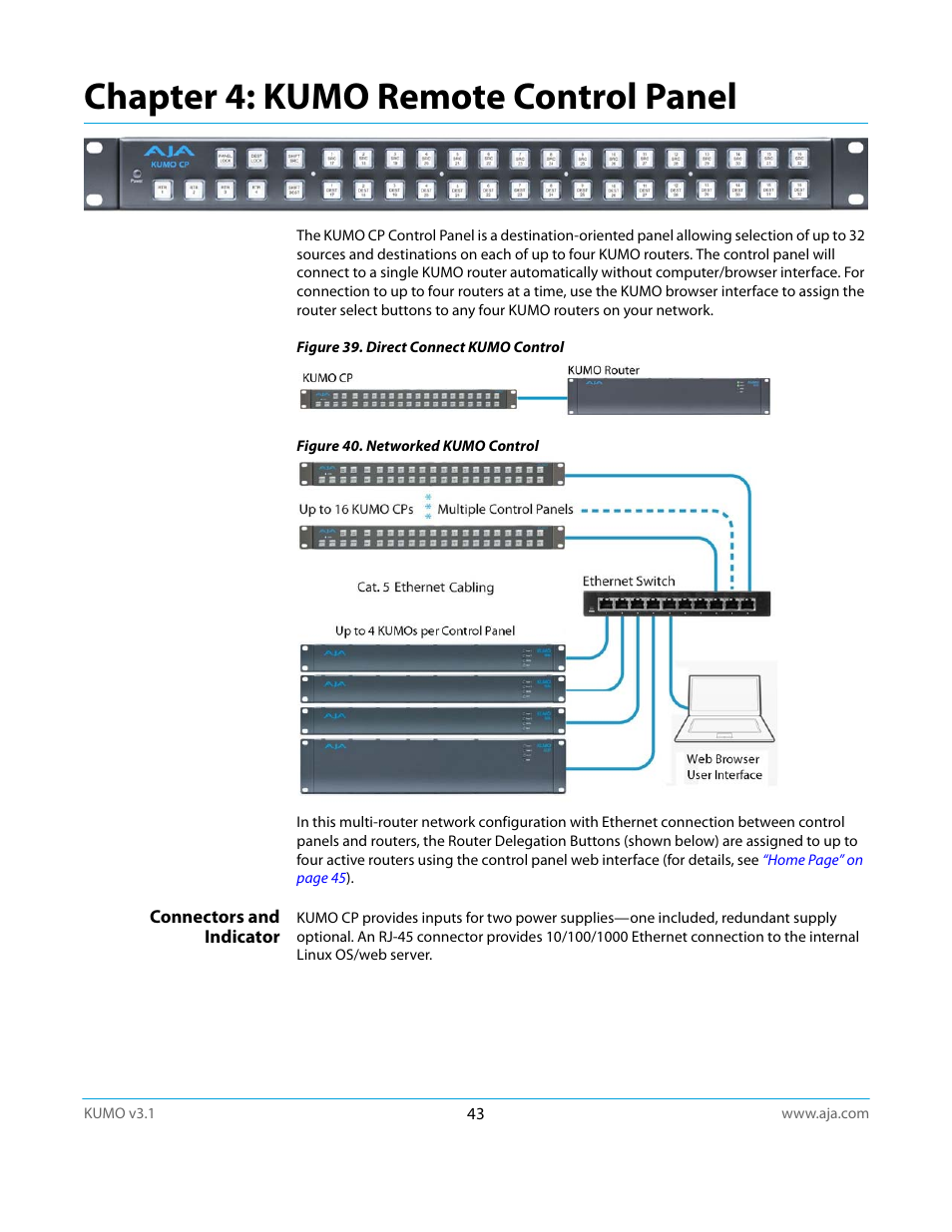 Connectors and indicator, Chapter 4: kumo remote control panel | AJA KUMO CP User Manual | Page 43 / 66