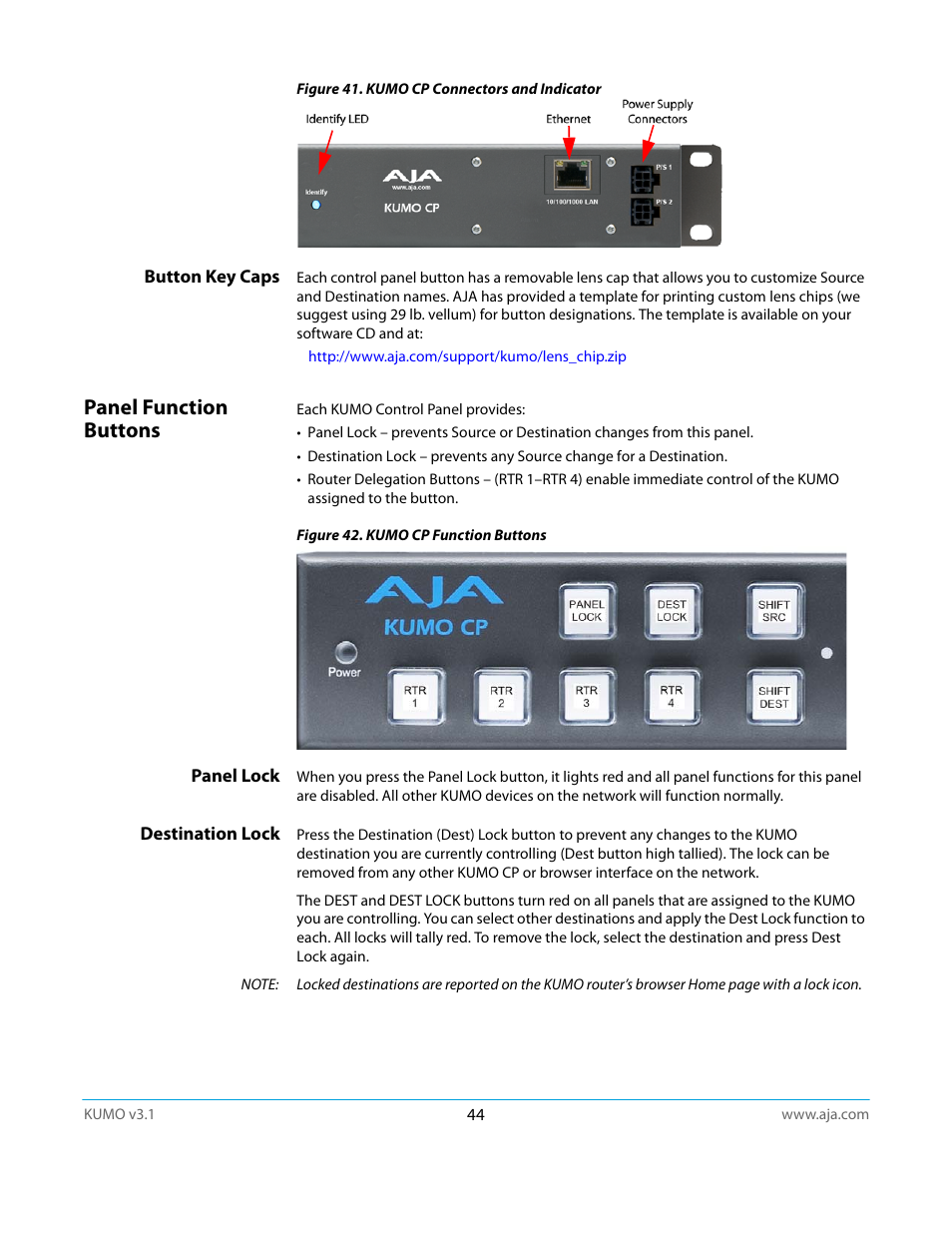 Button key caps, Panel function buttons, Panel lock | Destination lock, Panel lock destination lock | AJA KUMO CP User Manual | Page 44 / 66