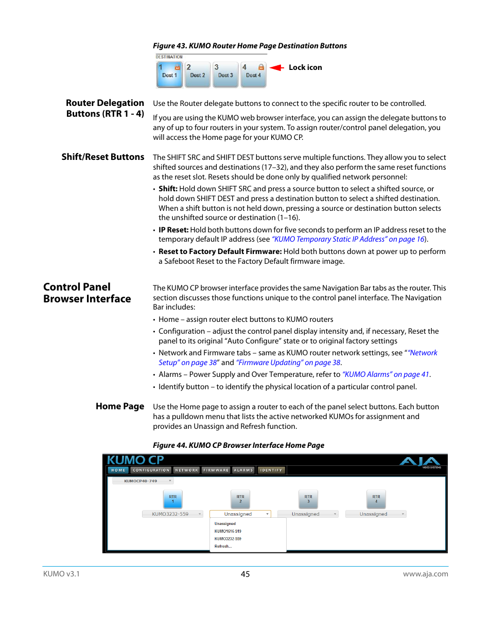 Router delegation buttons (rtr 1 - 4), Shift/reset buttons, Control panel browser interface | AJA KUMO CP User Manual | Page 45 / 66