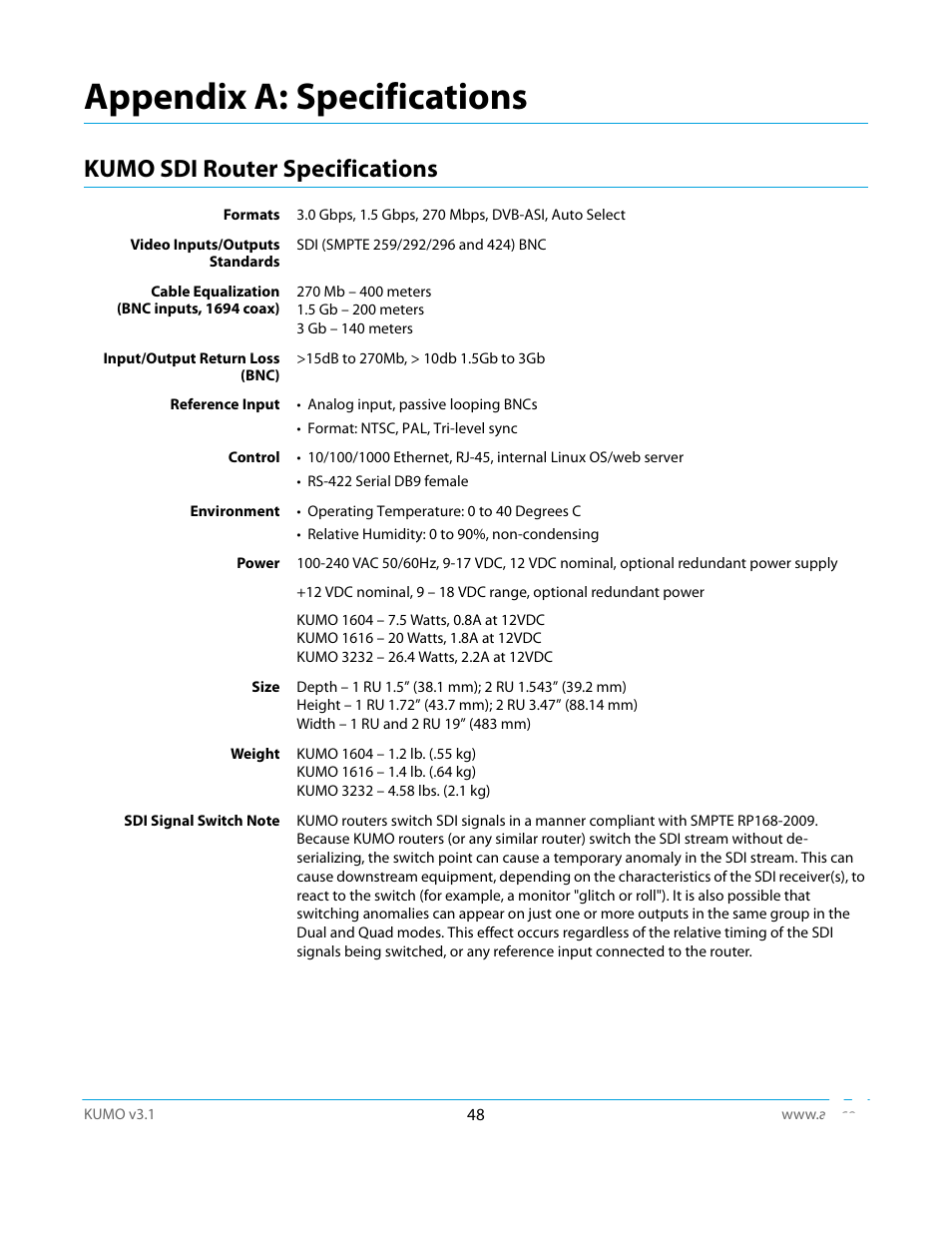 Appendix a: specifications, Kumo sdi router specifications | AJA KUMO CP User Manual | Page 48 / 66