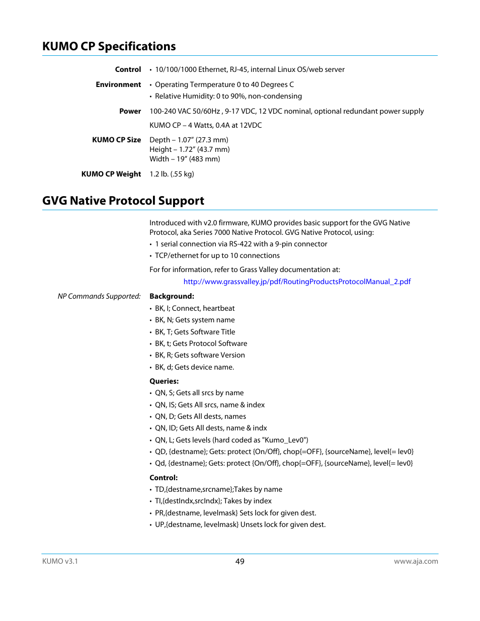 Kumo cp specifications, Gvg native protocol support, Kumo cp specifications gvg native protocol support | AJA KUMO CP User Manual | Page 49 / 66