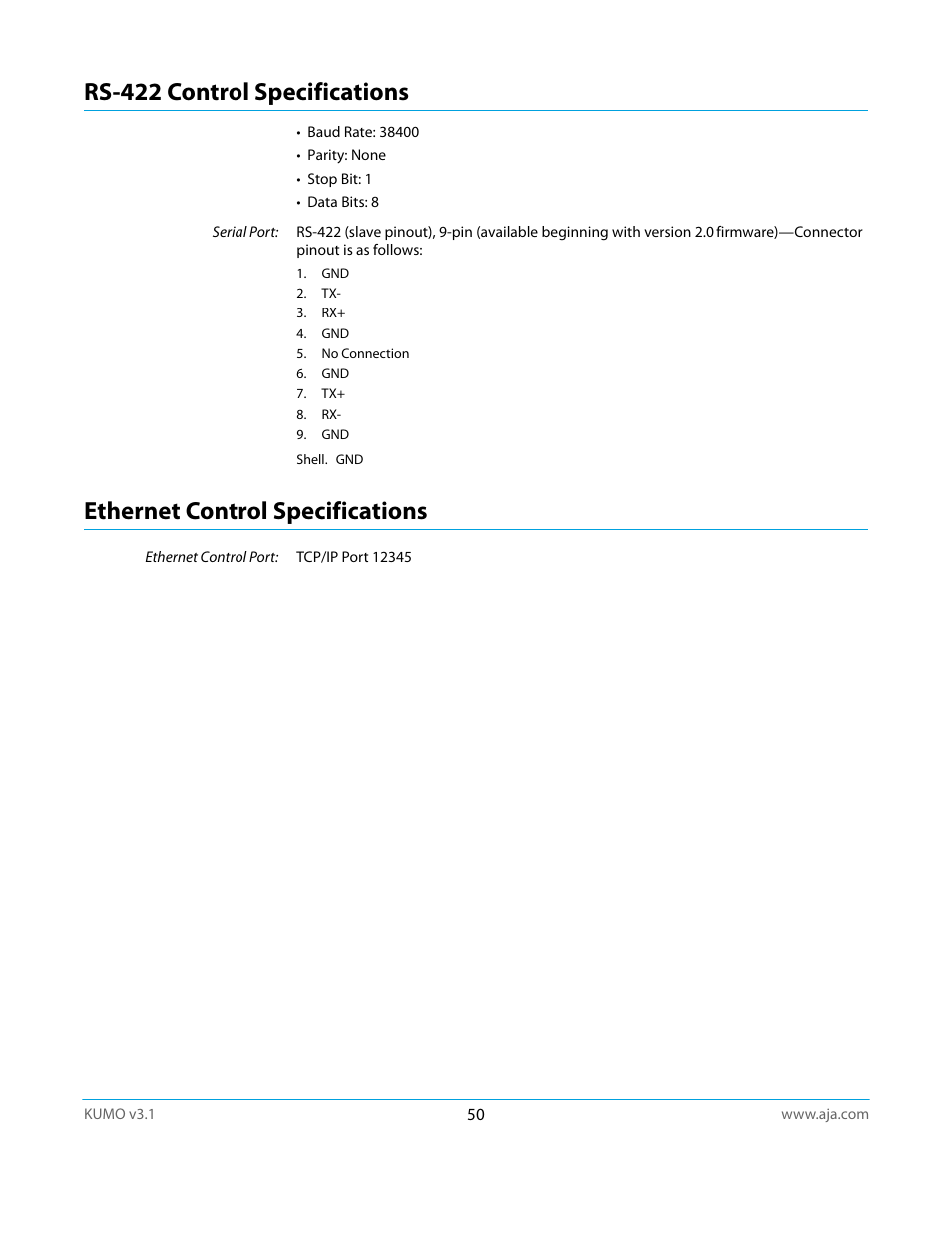 Rs-422 control specifications, Ethernet control specifications | AJA KUMO CP User Manual | Page 50 / 66