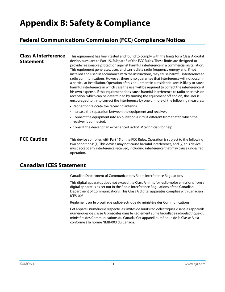 Appendix b: safety & compliance, Class a interference statement, Fcc caution | Canadian ices statement, Class a interference statement fcc caution | AJA KUMO CP User Manual | Page 51 / 66