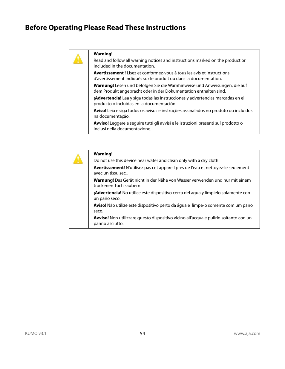 Before operating please read these instructions | AJA KUMO CP User Manual | Page 54 / 66