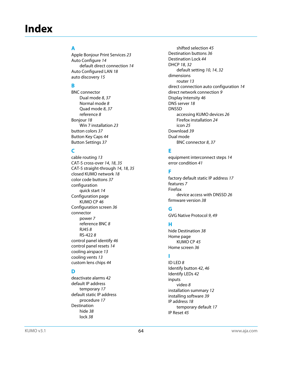 Index | AJA KUMO CP User Manual | Page 64 / 66