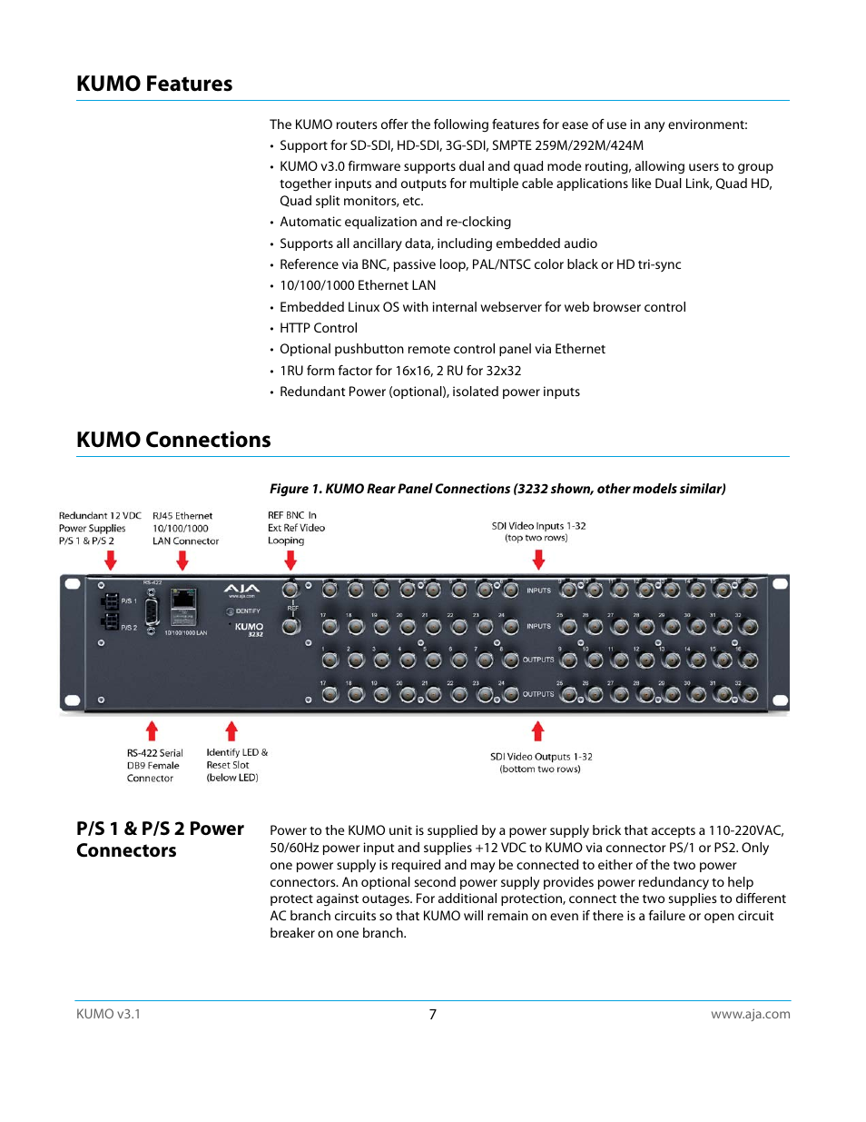 Kumo features, Kumo connections, P/s 1 & p/s 2 power connectors | Kumo features kumo connections | AJA KUMO CP User Manual | Page 7 / 66