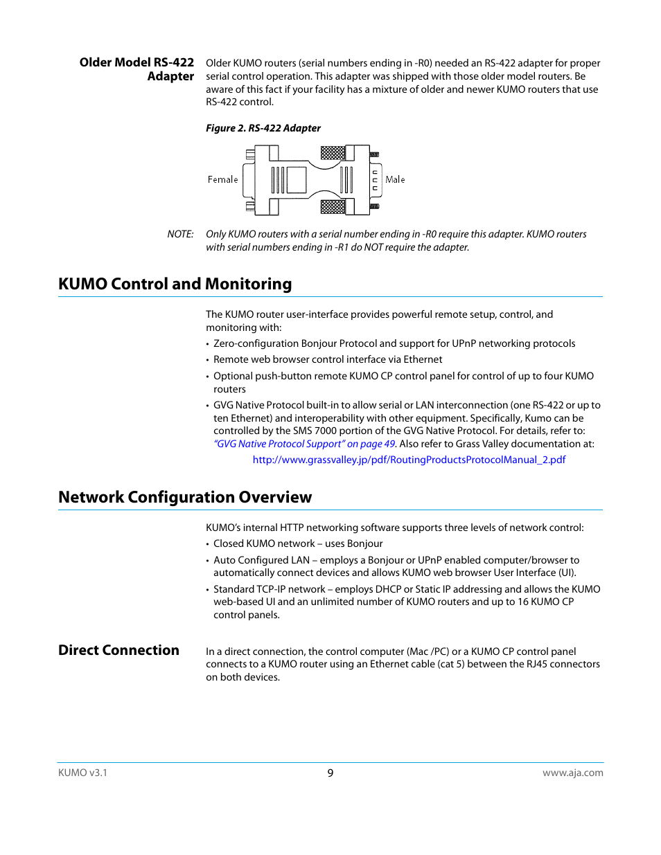 Older model rs-422 adapter, Kumo control and monitoring, Network configuration overview | Direct connection | AJA KUMO CP User Manual | Page 9 / 66