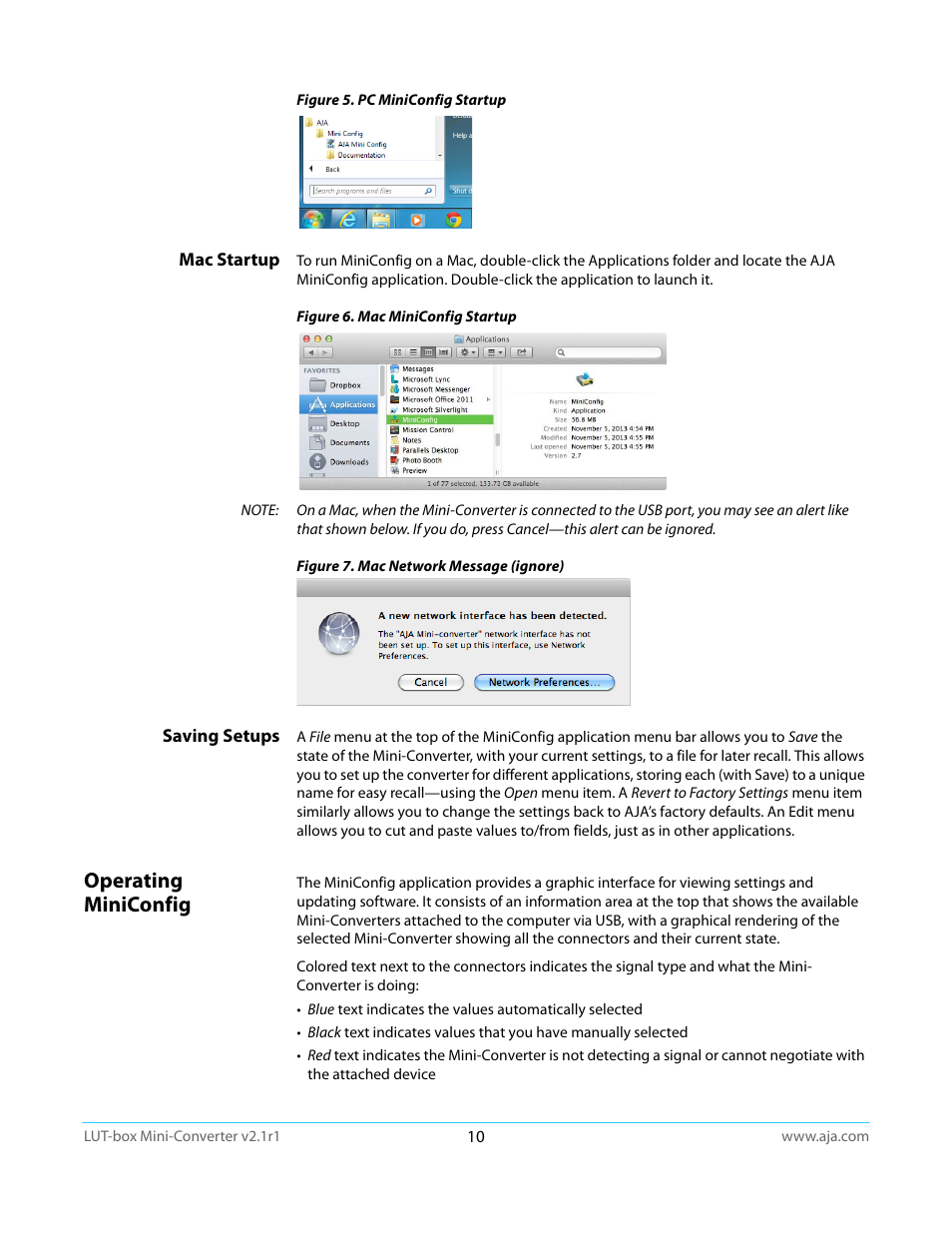 Mac startup, Saving setups, Operating miniconfig | Mac startup saving setups | AJA LUT-box User Manual | Page 10 / 34