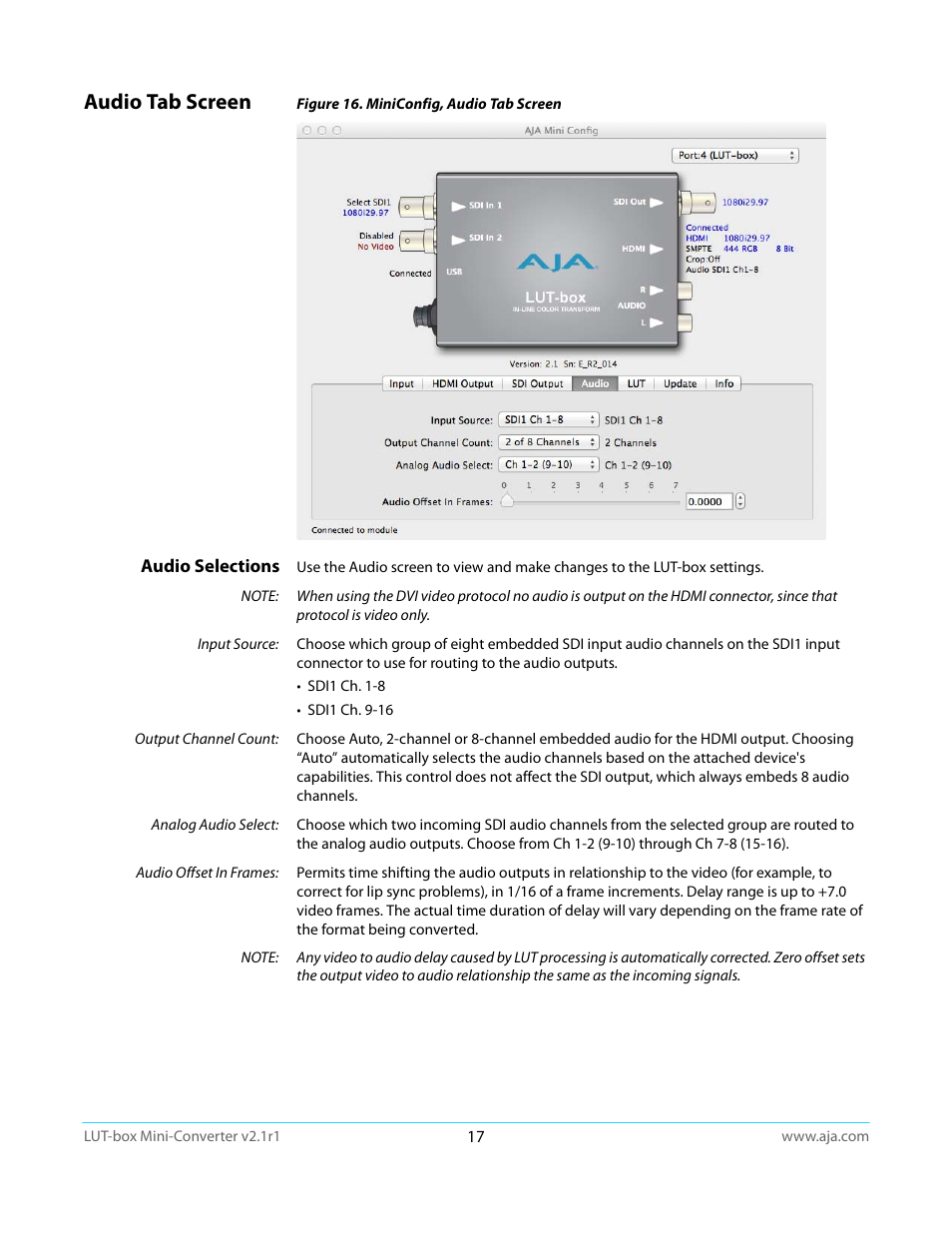 Audio tab screen, Audio selections | AJA LUT-box User Manual | Page 17 / 34