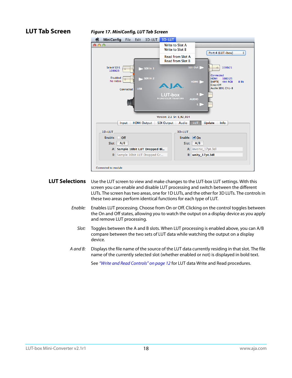 Lut tab screen, Lut selections | AJA LUT-box User Manual | Page 18 / 34
