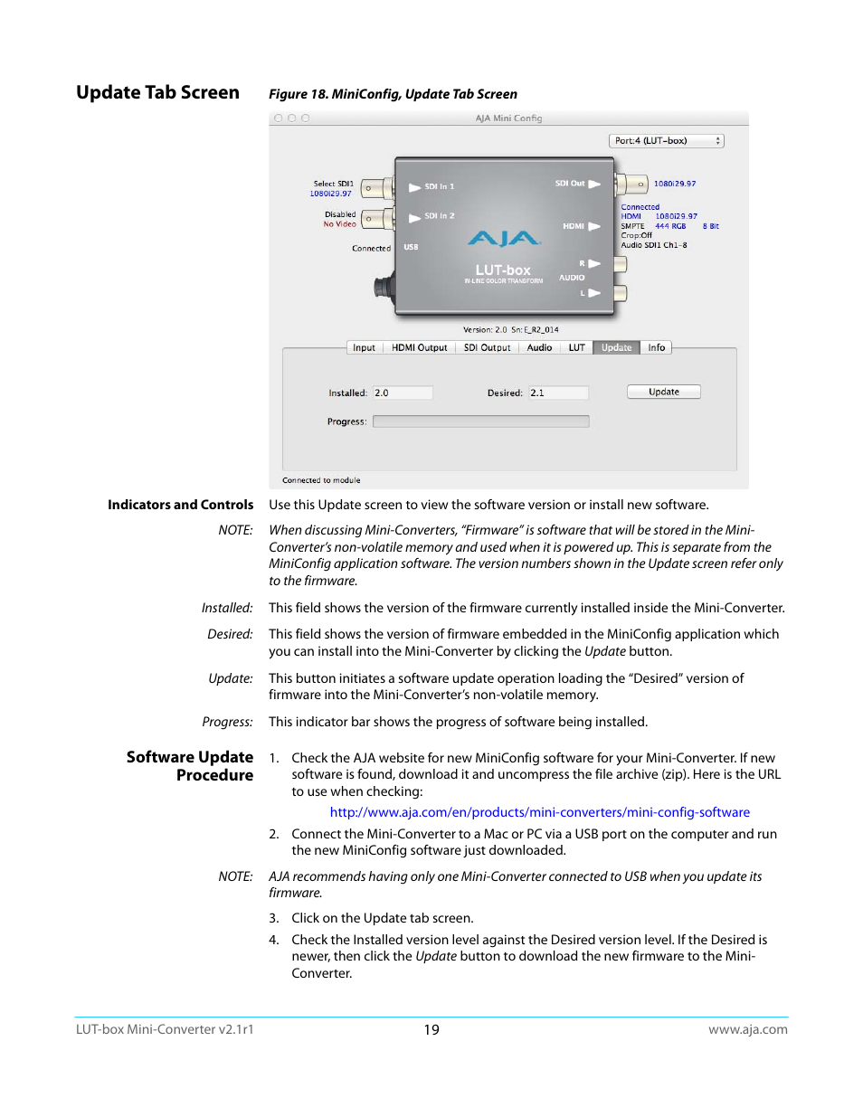Update tab screen, Software update procedure | AJA LUT-box User Manual | Page 19 / 34