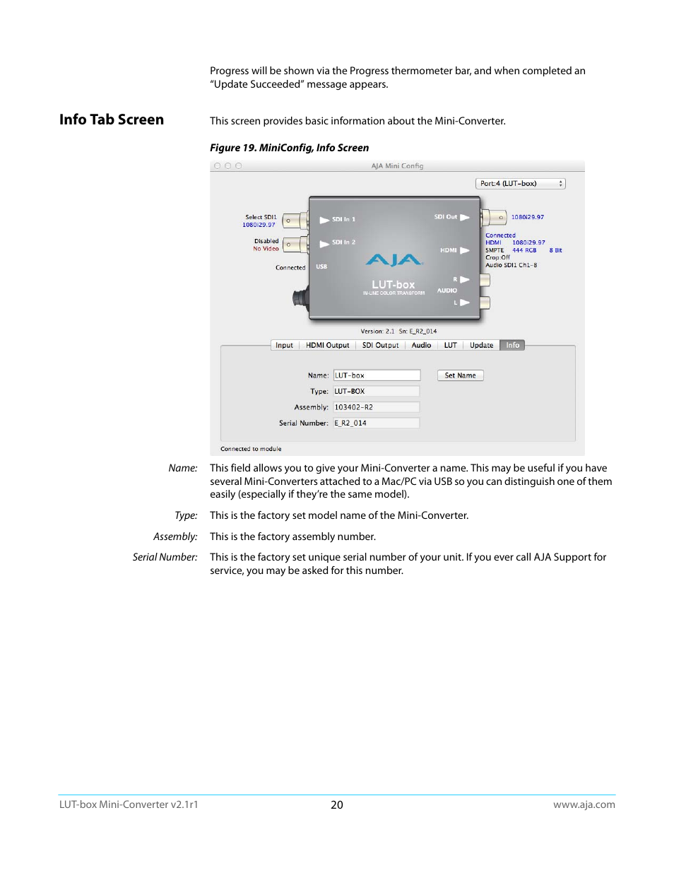 Info tab screen | AJA LUT-box User Manual | Page 20 / 34