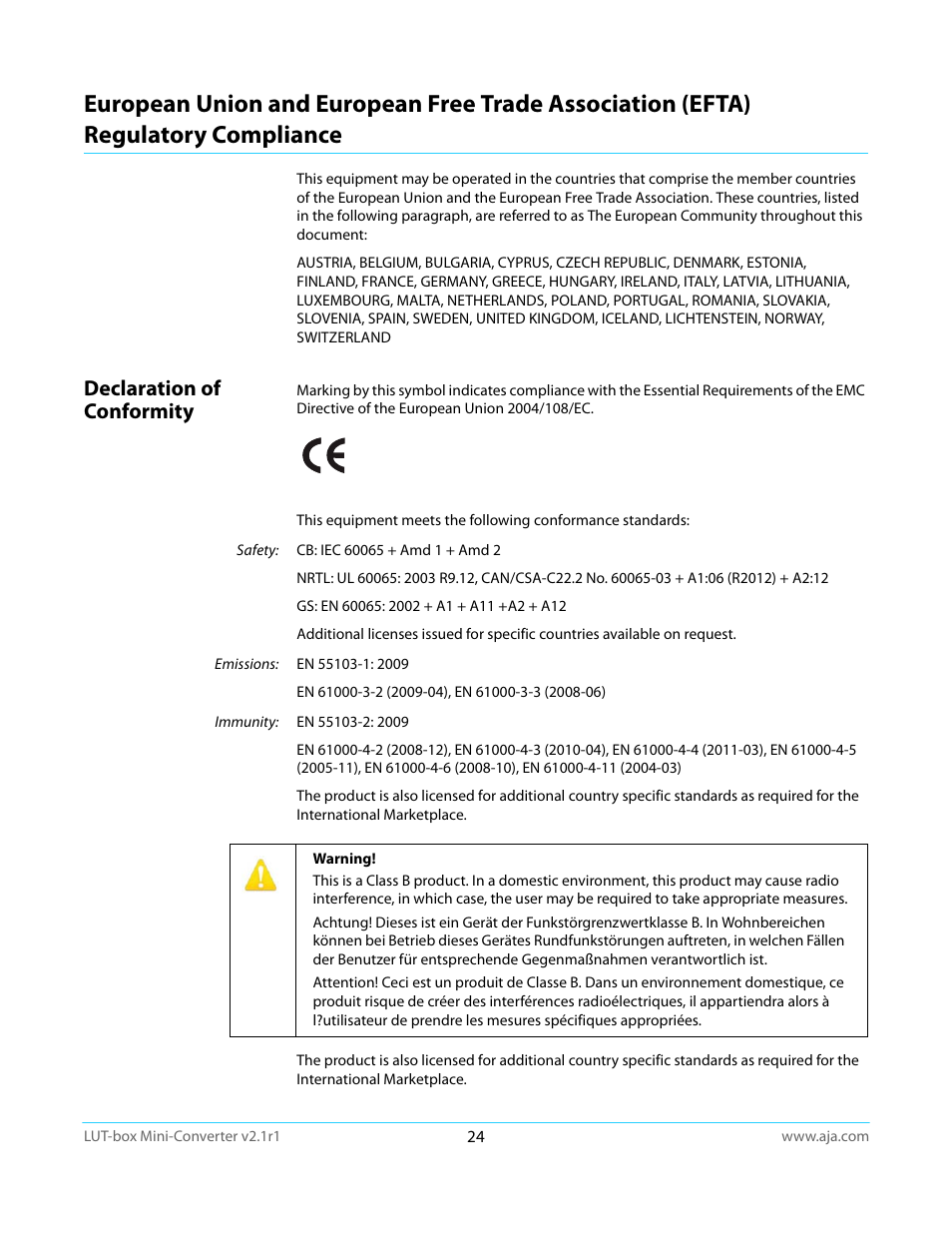 Declaration of conformity | AJA LUT-box User Manual | Page 24 / 34