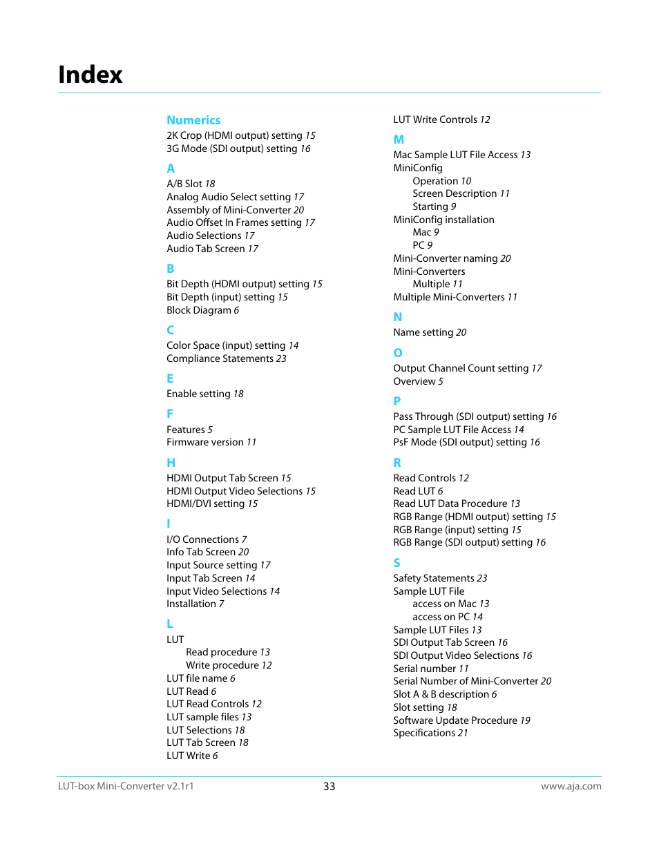 Index | AJA LUT-box User Manual | Page 33 / 34