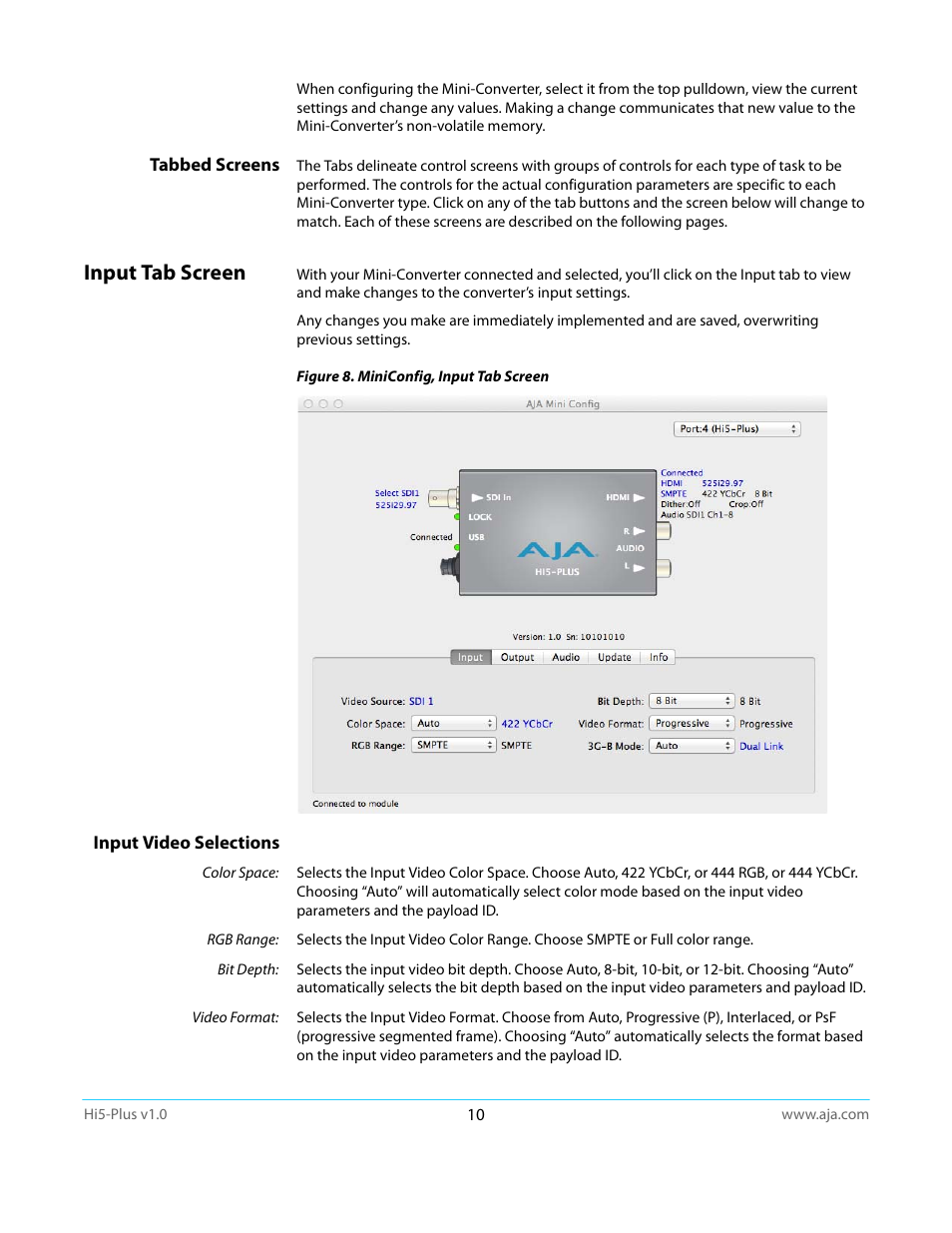Tabbed screens, Input tab screen, Input video selections | AJA Hi5-Plus Version 1.0 User Manual | Page 10 / 27