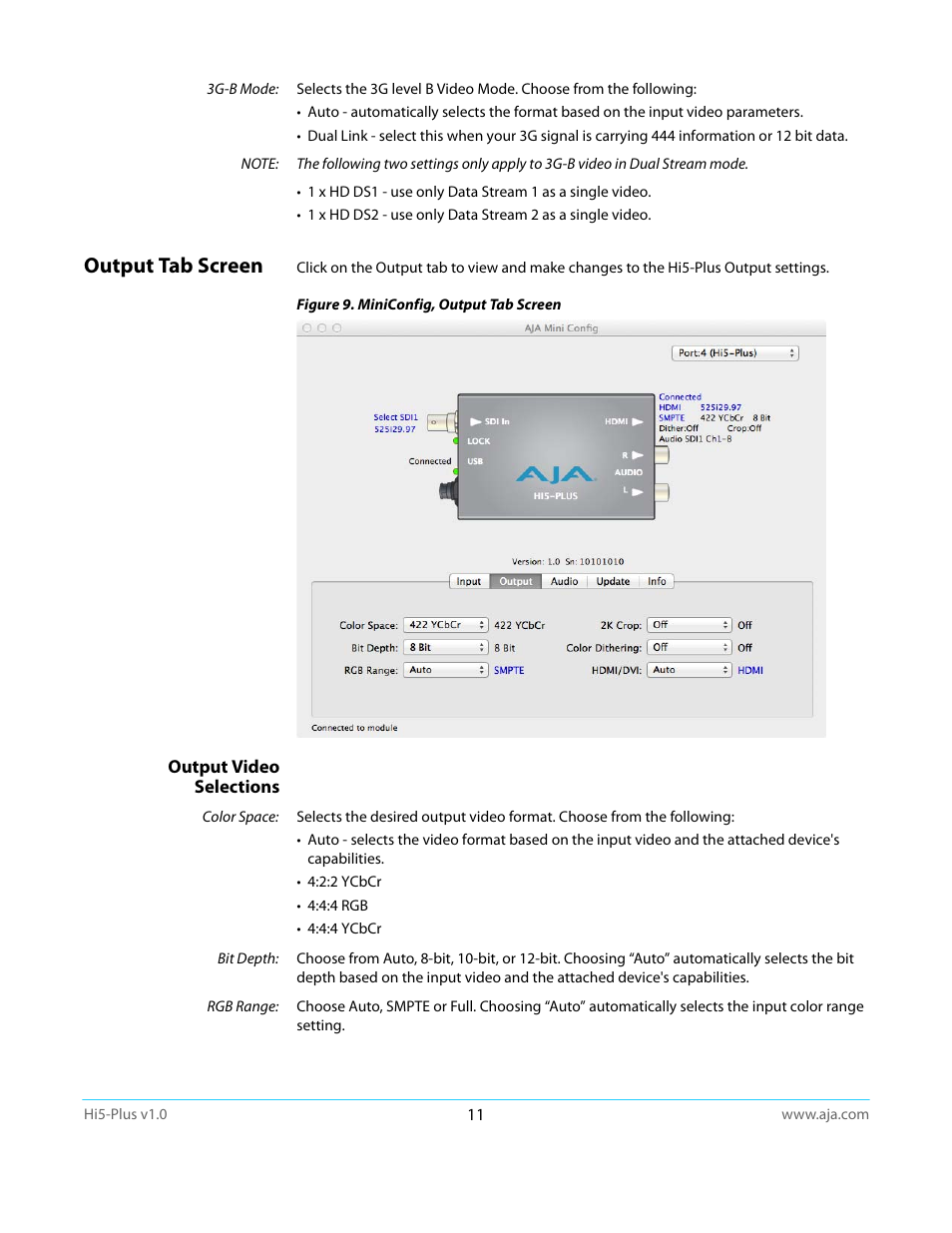 Output tab screen, Output video selections | AJA Hi5-Plus Version 1.0 User Manual | Page 11 / 27