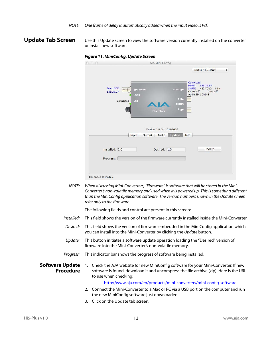 Update tab screen, Software update procedure | AJA Hi5-Plus Version 1.0 User Manual | Page 13 / 27