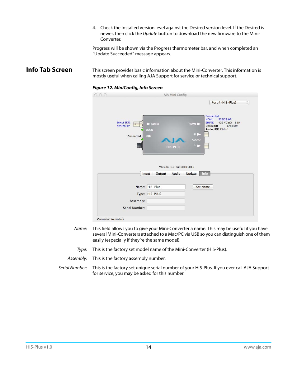Info tab screen | AJA Hi5-Plus Version 1.0 User Manual | Page 14 / 27