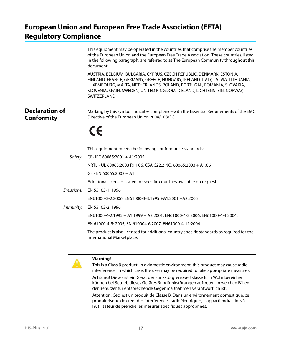 Declaration of conformity, Regulatory compliance | AJA Hi5-Plus Version 1.0 User Manual | Page 17 / 27