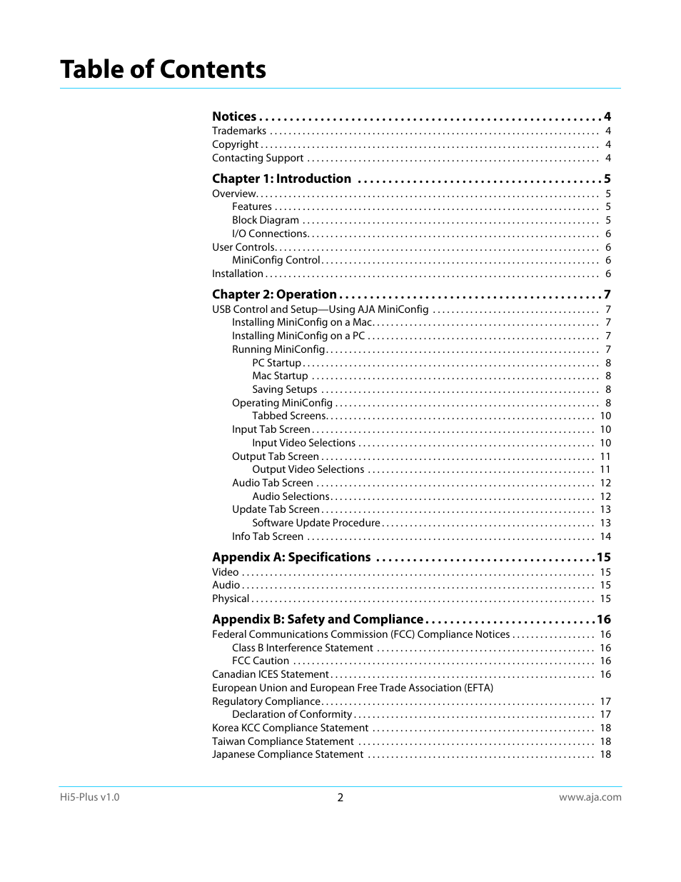 AJA Hi5-Plus Version 1.0 User Manual | Page 2 / 27
