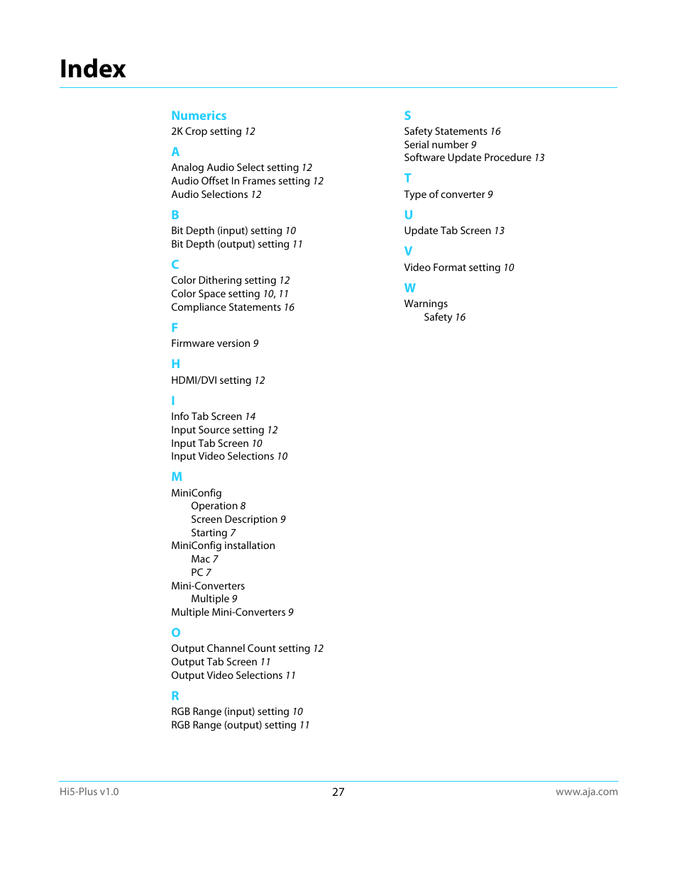 Index | AJA Hi5-Plus Version 1.0 User Manual | Page 27 / 27