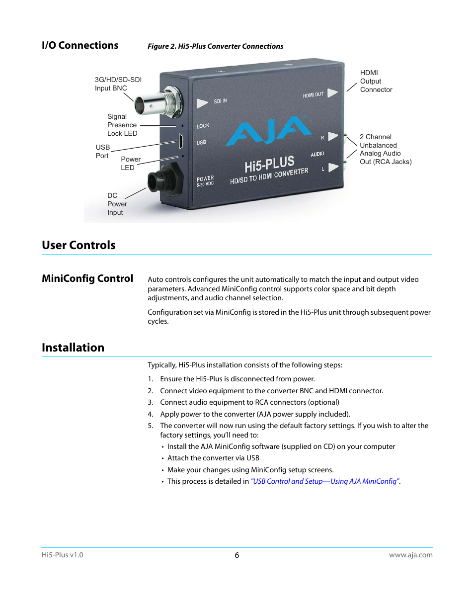 I/o connections, User controls, Miniconfig control | Installation | AJA Hi5-Plus Version 1.0 User Manual | Page 6 / 27