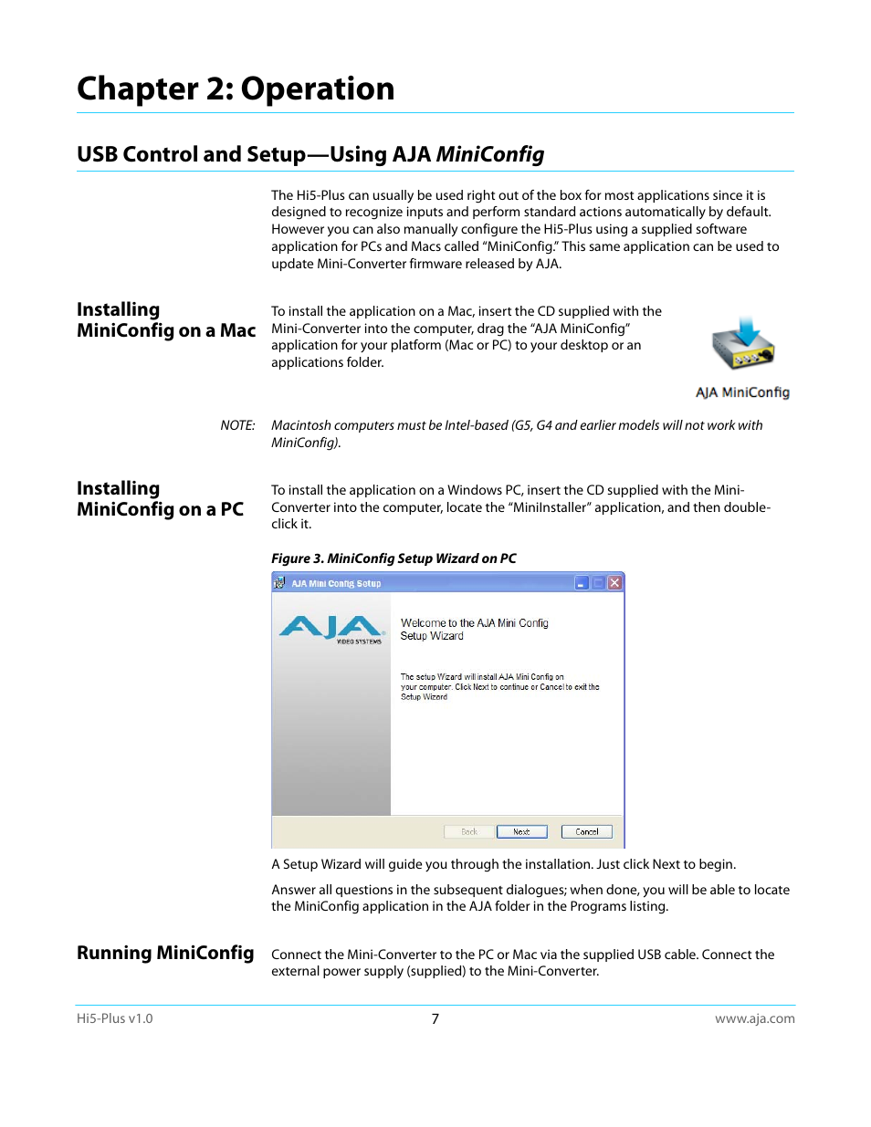 Chapter 2: operation, Usb control and setup—using aja miniconfig, Installing miniconfig on a mac | Installing miniconfig on a pc, Running miniconfig | AJA Hi5-Plus Version 1.0 User Manual | Page 7 / 27