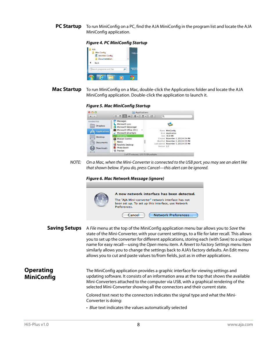 Pc startup, Mac startup, Saving setups | Operating miniconfig, Pc startup mac startup saving setups | AJA Hi5-Plus Version 1.0 User Manual | Page 8 / 27