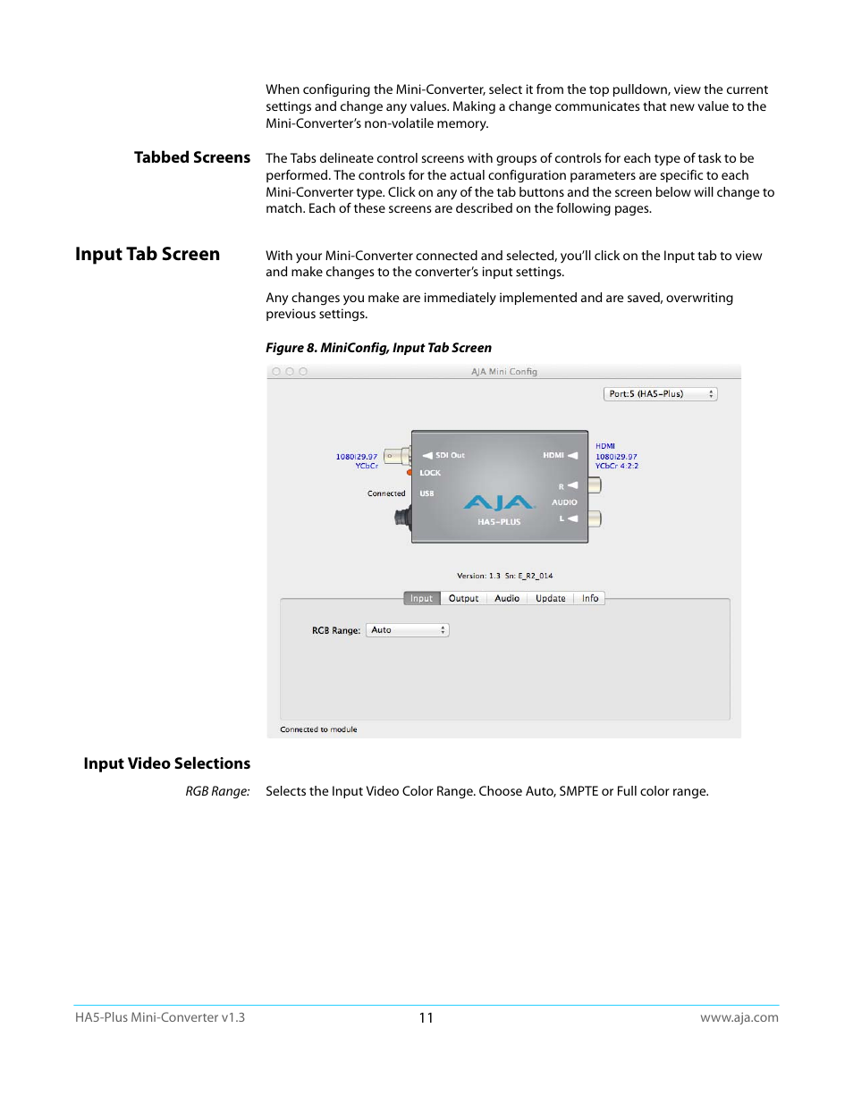 Tabbed screens, Input tab screen, Input video selections | AJA HA5-Plus Version 1.3 User Manual | Page 11 / 28