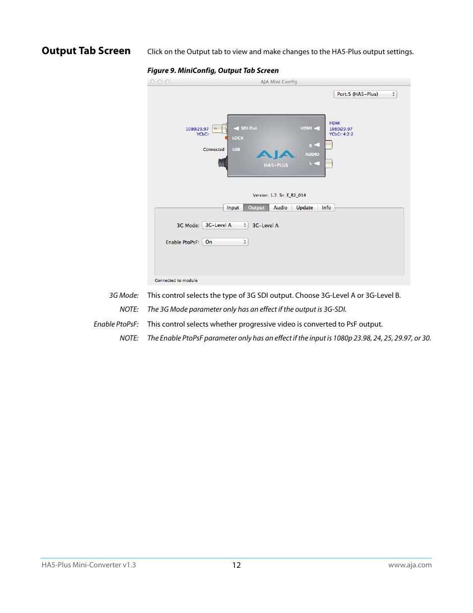 Output tab screen | AJA HA5-Plus Version 1.3 User Manual | Page 12 / 28