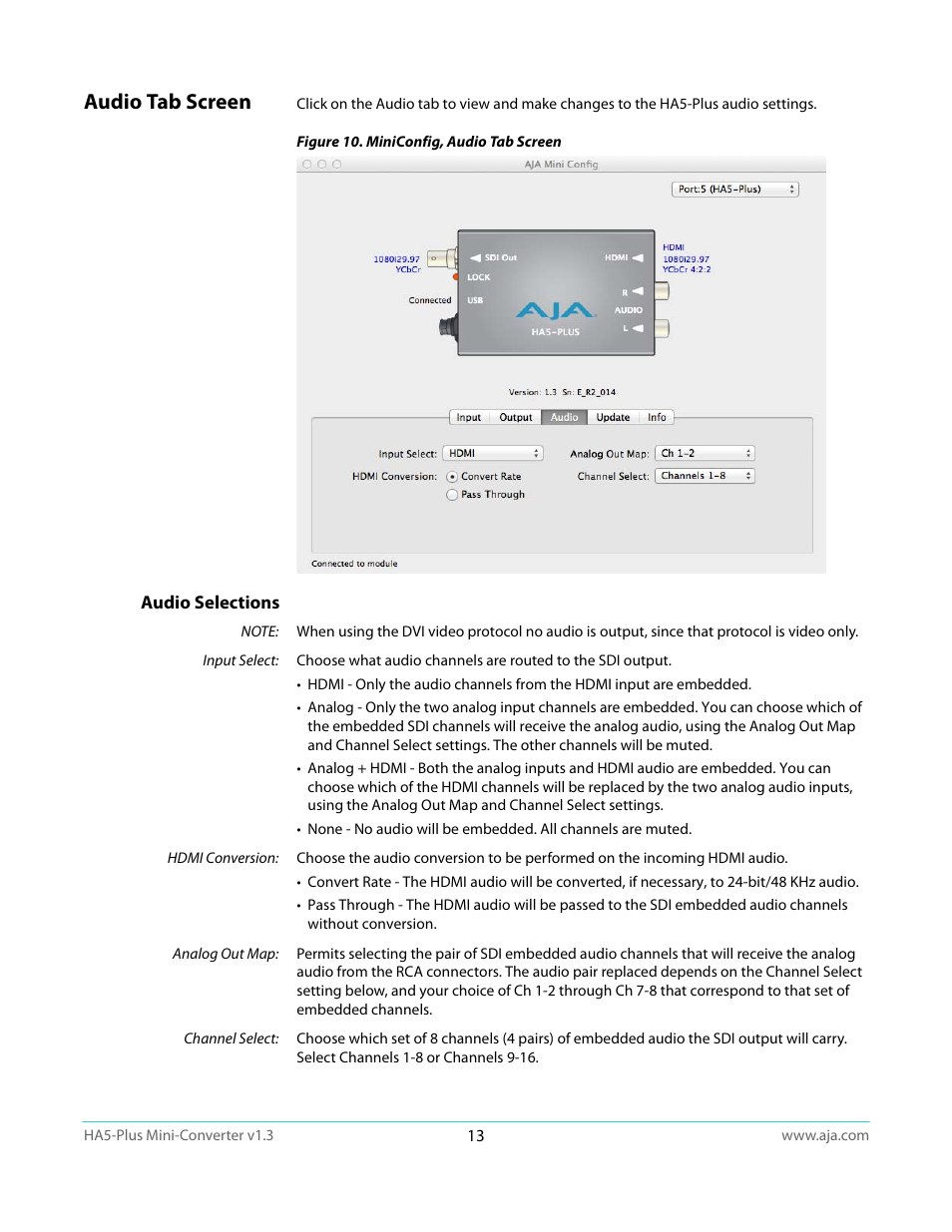 Audio tab screen, Audio selections | AJA HA5-Plus Version 1.3 User Manual | Page 13 / 28