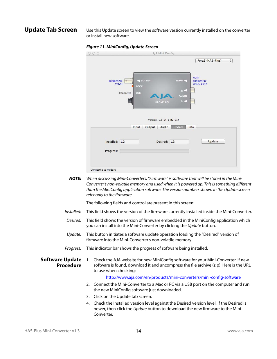 Update tab screen, Software update procedure | AJA HA5-Plus Version 1.3 User Manual | Page 14 / 28