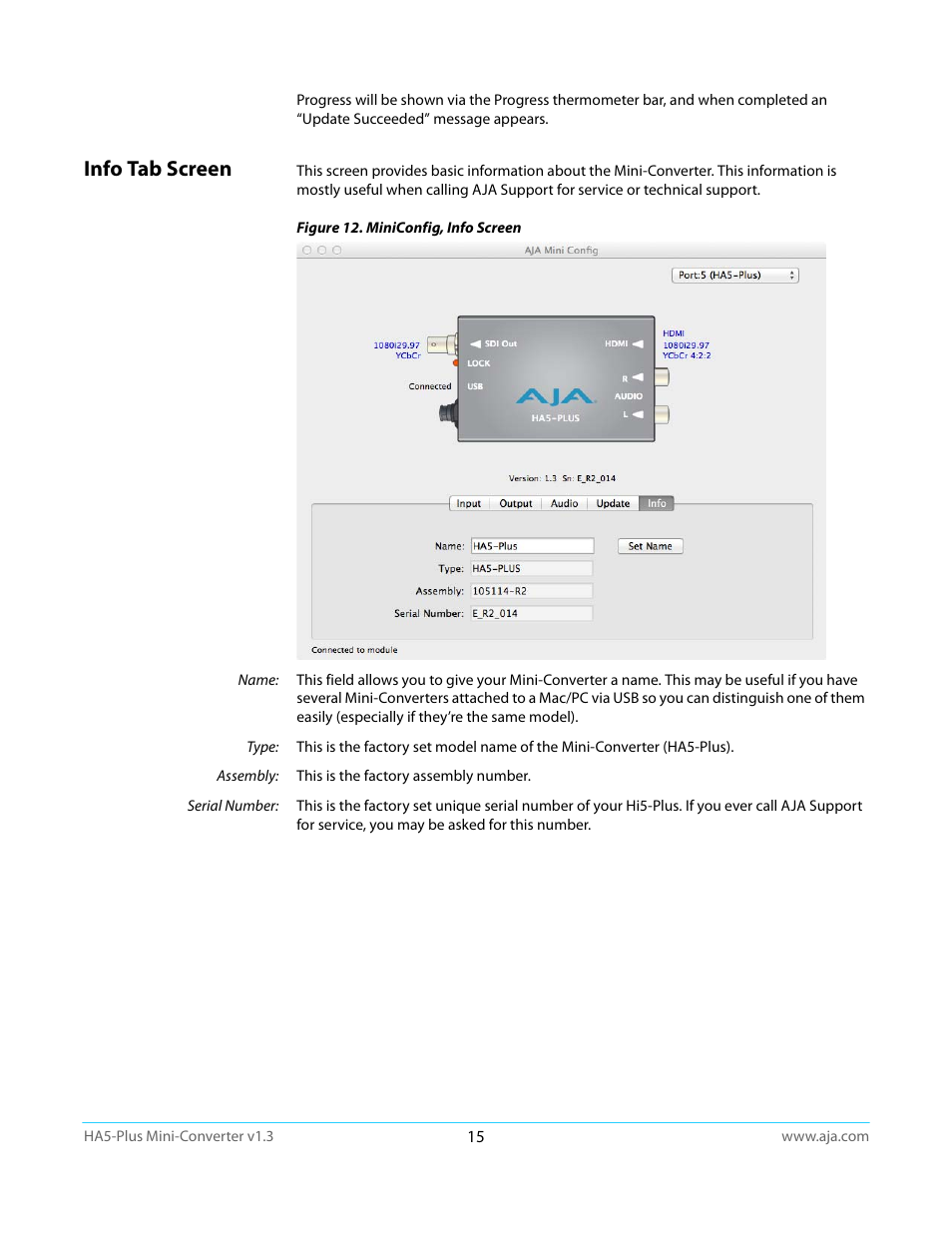 Info tab screen | AJA HA5-Plus Version 1.3 User Manual | Page 15 / 28