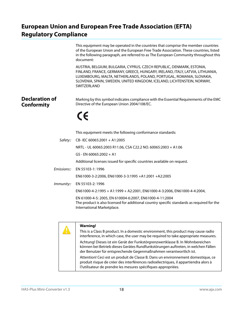 Declaration of conformity, Regulatory compliance | AJA HA5-Plus Version 1.3 User Manual | Page 18 / 28