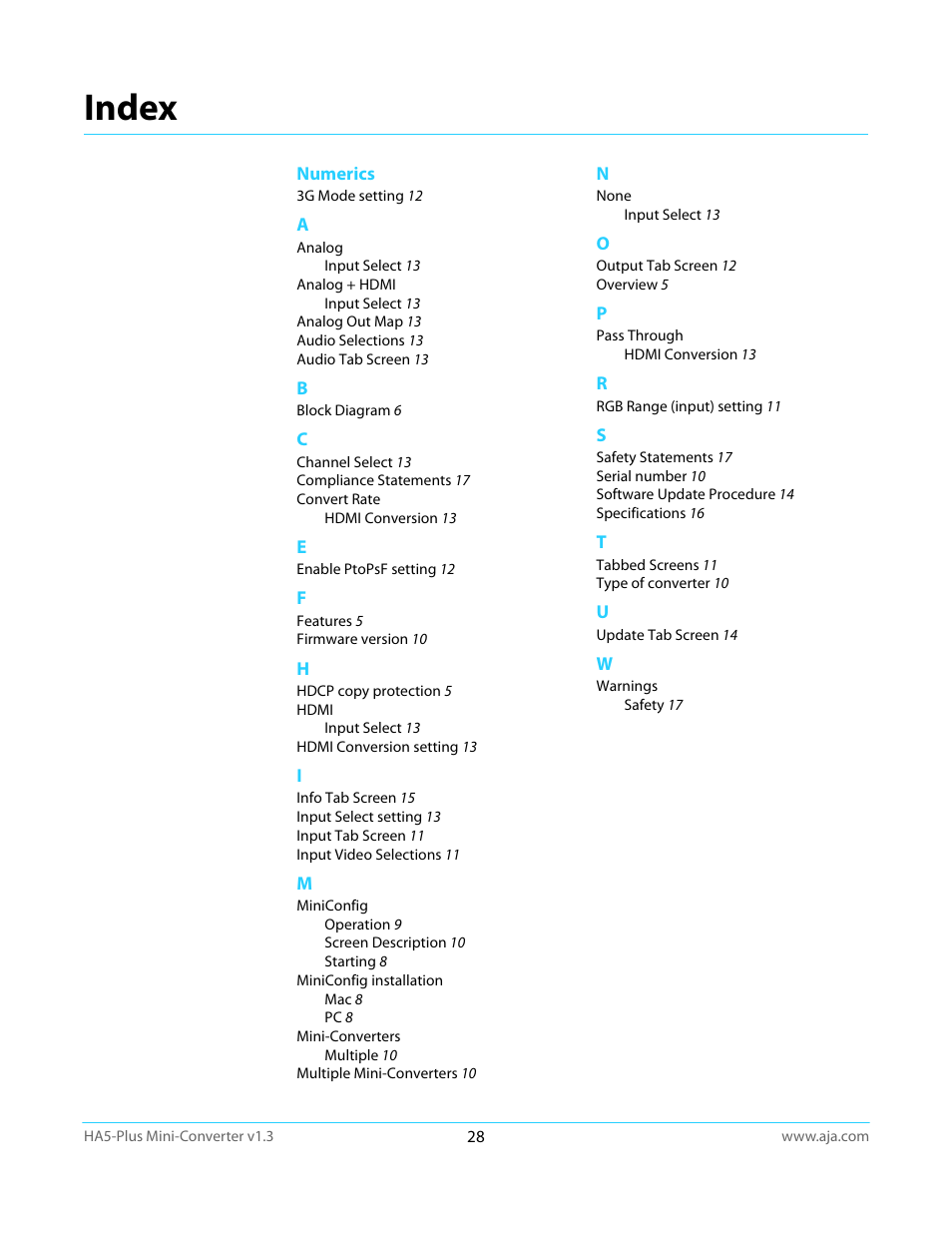 Index | AJA HA5-Plus Version 1.3 User Manual | Page 28 / 28
