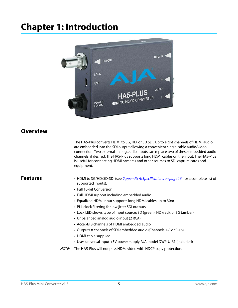 Chapter 1: introduction, Overview, Features | AJA HA5-Plus Version 1.3 User Manual | Page 5 / 28