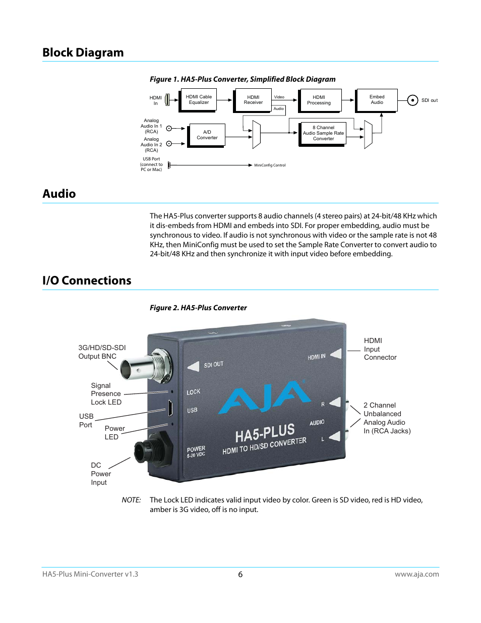Block diagram, Audio, I/o connections | Block diagram audio i/o connections | AJA HA5-Plus Version 1.3 User Manual | Page 6 / 28