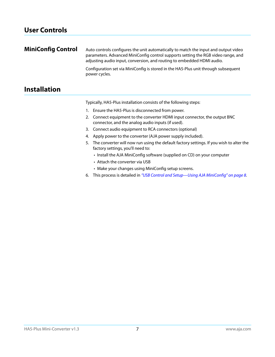 User controls, Miniconfig control, Installation | AJA HA5-Plus Version 1.3 User Manual | Page 7 / 28