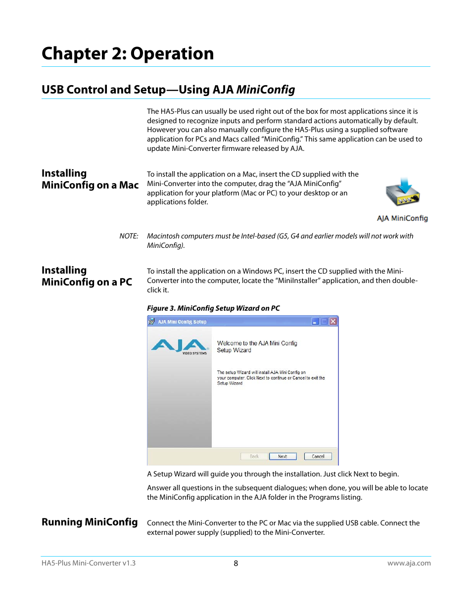 Chapter 2: operation, Usb control and setup—using aja miniconfig, Installing miniconfig on a mac | Installing miniconfig on a pc, Running miniconfig | AJA HA5-Plus Version 1.3 User Manual | Page 8 / 28