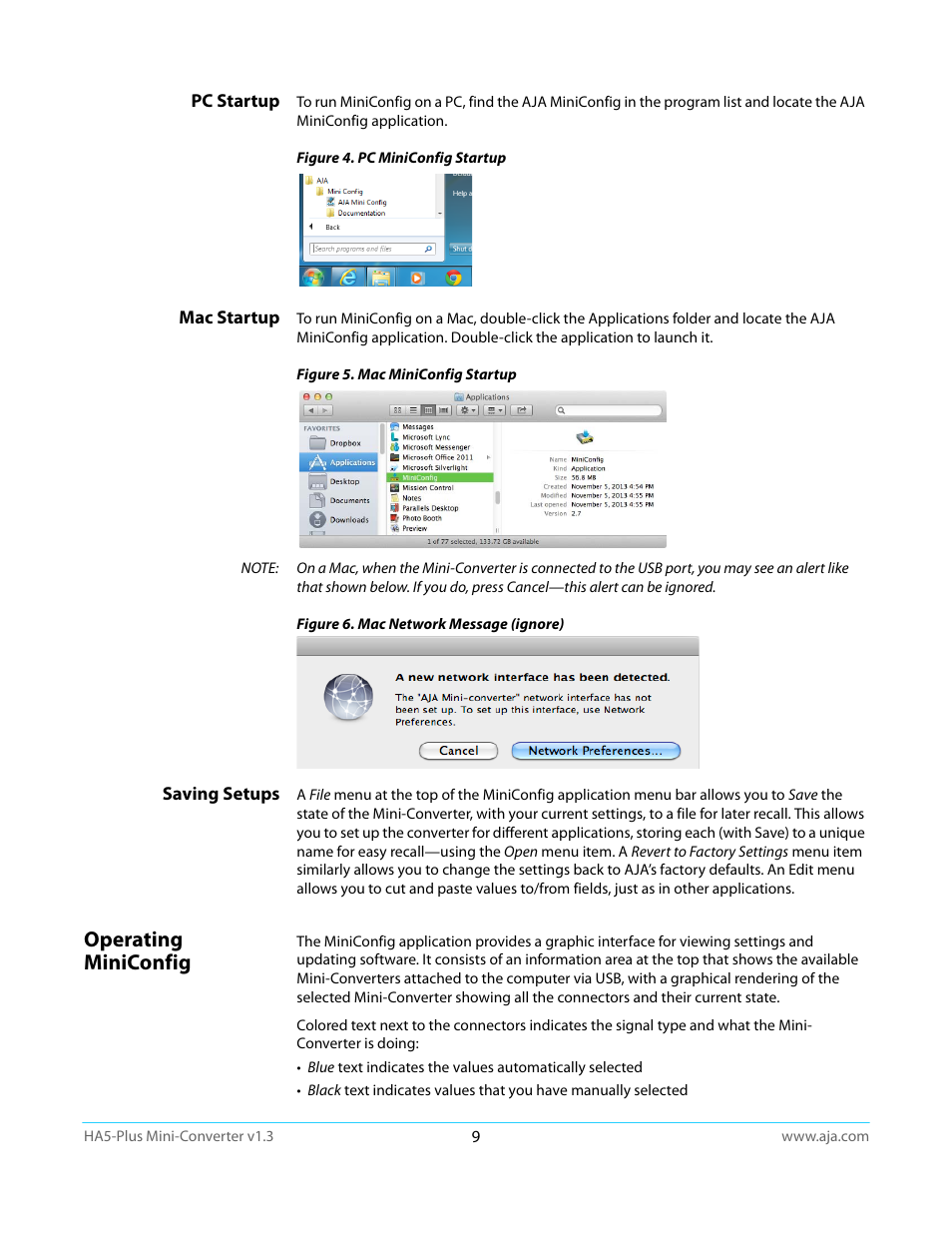 Pc startup, Mac startup, Saving setups | Operating miniconfig, Pc startup mac startup saving setups | AJA HA5-Plus Version 1.3 User Manual | Page 9 / 28