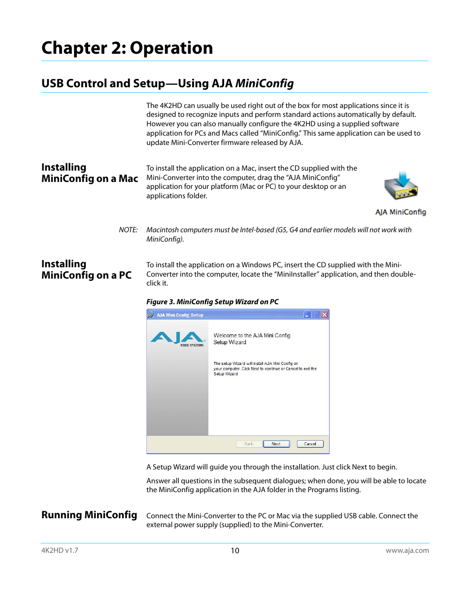 Chapter 2: operation, Usb control and setup—using aja miniconfig, Installing miniconfig on a mac | Installing miniconfig on a pc, Running miniconfig | AJA 4K2HD User Manual | Page 10 / 32