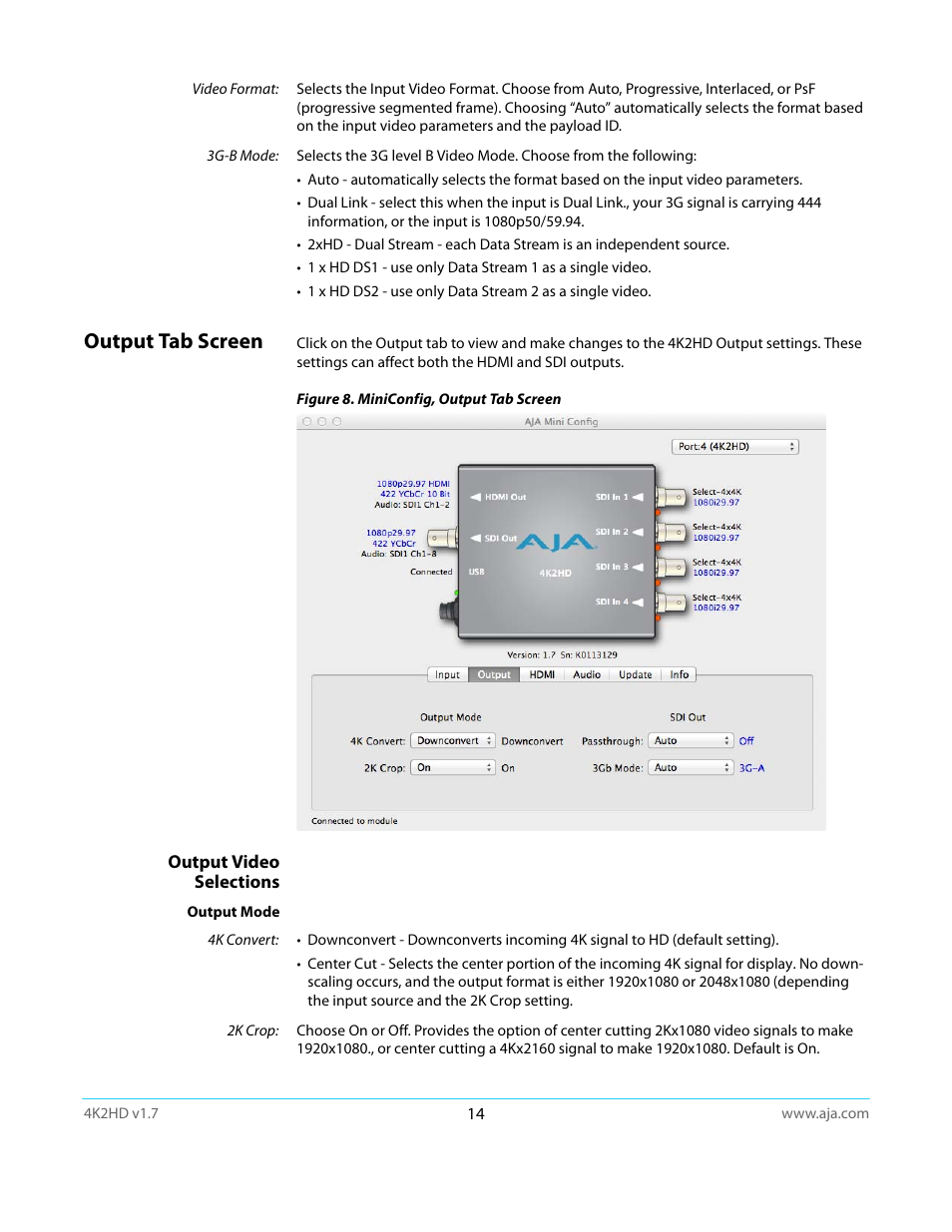 Output tab screen, Output video selections | AJA 4K2HD User Manual | Page 14 / 32