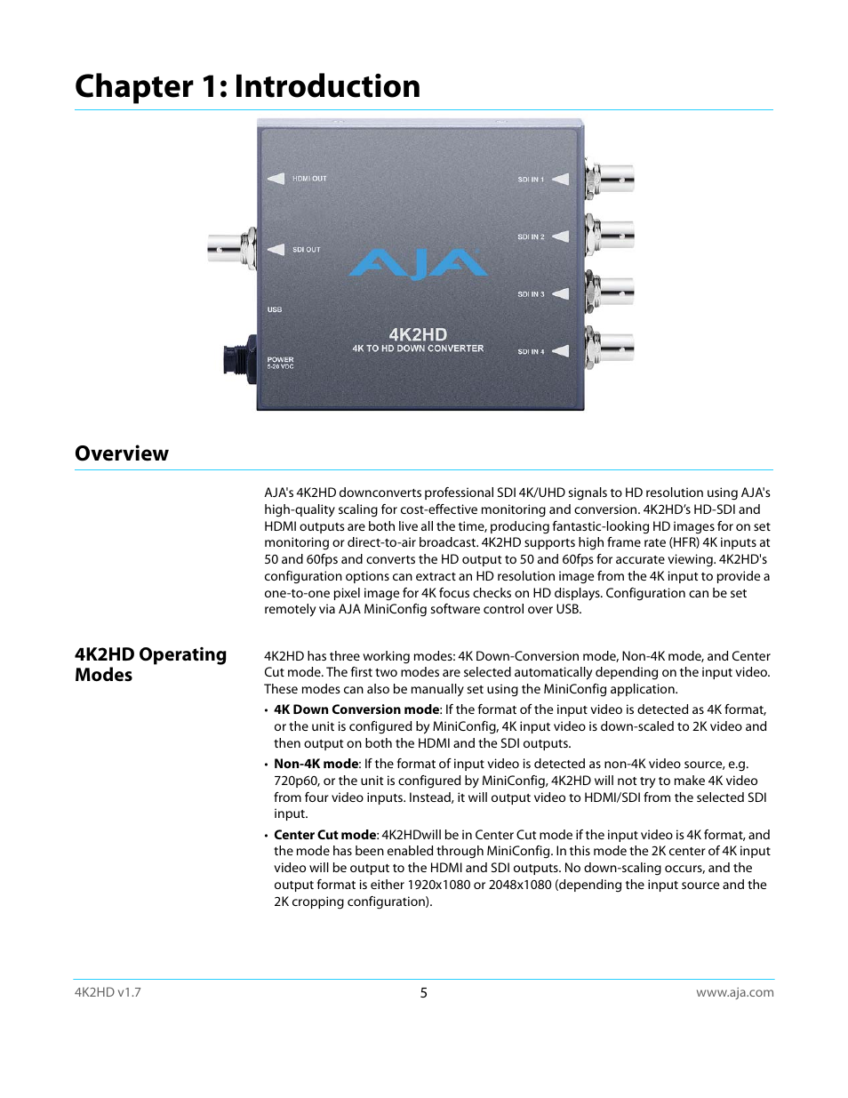Chapter 1: introduction, Overview, 4k2hd operating modes | AJA 4K2HD User Manual | Page 5 / 32