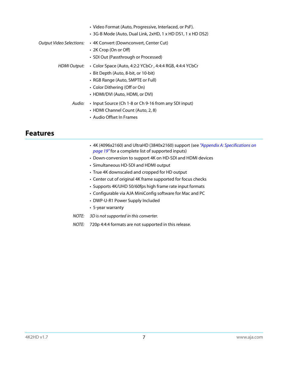 Features | AJA 4K2HD User Manual | Page 7 / 32