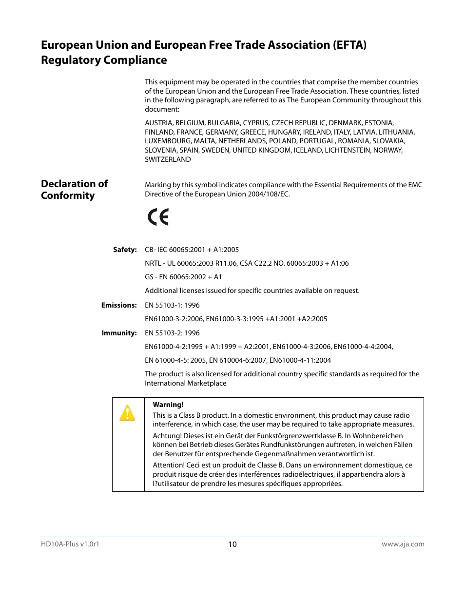 Declaration of conformity, Regulatory compliance | AJA HD10A-Plus User Manual | Page 10 / 18